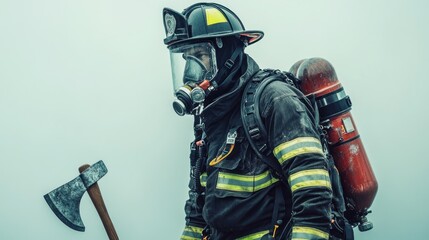 Naklejka premium Firefighter in Full Gear with Axe