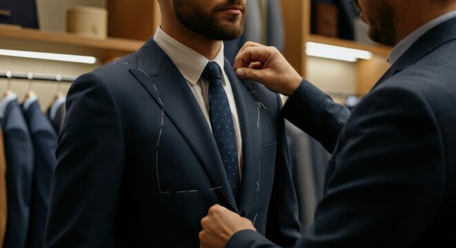 Man in a suit being fitted by a tailor.