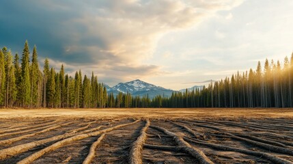 3D model of deforestation with cut trees and barren land showing environmental degradation
