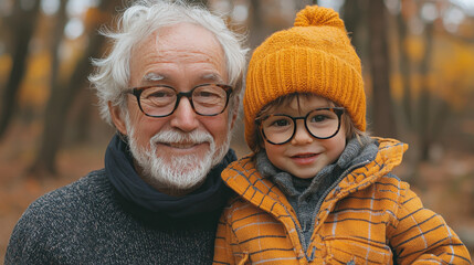 A grandfather and his grandson smile for the camera in an autumnal forest.