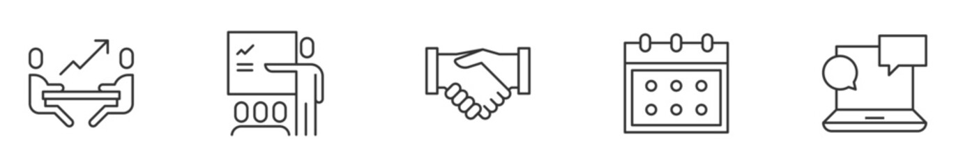 Business meeting icon set. Meeting, presentation, agreement, agenda, video call. Vector illustration