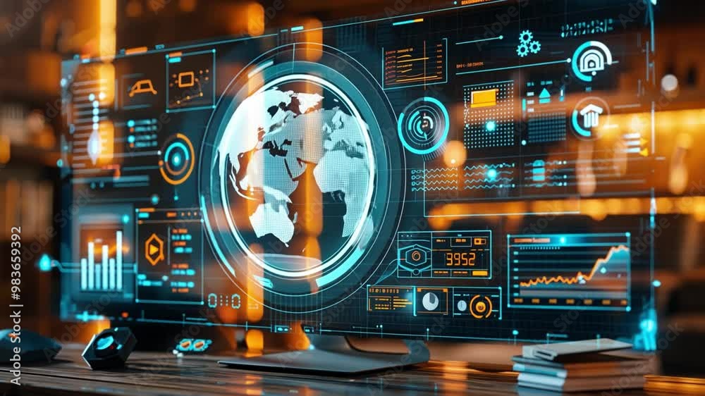 Poster A sleek digital interface showcases various global analytics and data visualizations on a large screen in a contemporary workspace, illuminated by warm ambient lighting.