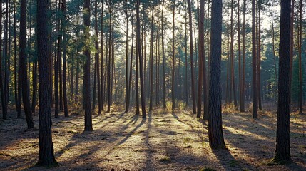 Obraz premium Sunbeams stream through a dense pine forest, casting long shadows on the forest floor.