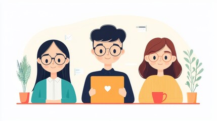 Friendly Group with Laptop and Plants Digital Illustration
