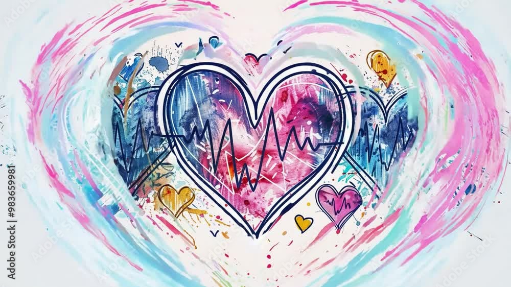 Leinwandbilder The artwork features multiple hearts in various colors, each filled with artistic patterns and a heartbeat line running through them, creating a lively and energetic composition.