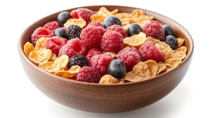 Fresh Berries and Crunchy Cereal in Wooden Bowl