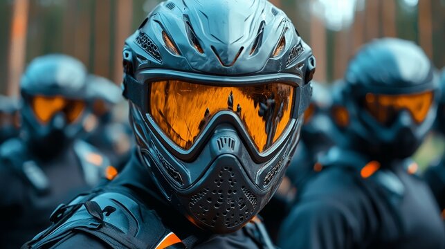 A group of friends playing a competitive game of paintball in a thrilling outdoor arena, realistic, action-packed, teamwork, high-quality :: paintball guns, protective gear, strategy, adrenaline,