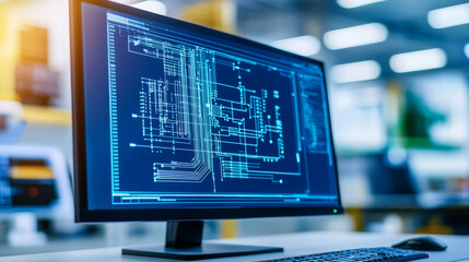 A computer monitor displays a technical drawing, showing the intricate details of a circuit board.