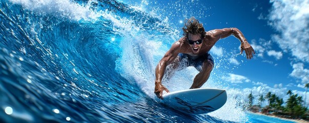 A man enjoying a solo surfing session, catching a wave and riding it with skill and exhilaration, photorealistic, water sports, adventure, high-quality :: surfboard, wetsuit, ocean wave, adrenaline,
