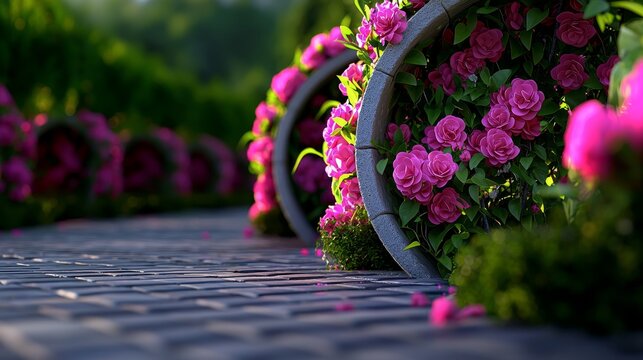 A woman enjoying a peaceful stroll through a blooming flower garden, realistic, nature, serenity, high-quality :: flower garden, pathway, floral beauty, tranquility, relaxation, serenity