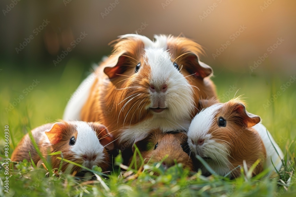 Wall mural Happy guinea pig family huddled together on green grass with soft background lighting during a sunny afternoon