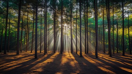 Obraz premium Sunbeams shine through tall pine trees in a forest, casting long shadows on the ground.