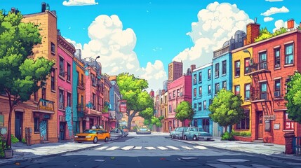 Obraz premium Vibrant City Street with Colorful Buildings and Trees