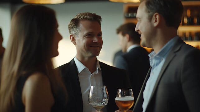 Informal networking scene with professionals enjoying beverages, ultra HD.