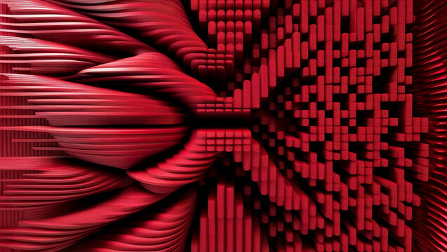 Red 3D pixel shaped wall background, Abstract red modern geometric shapes background, Red geometric shapes, Modern red background