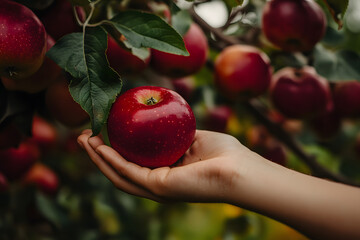 Hand Holding Red Apple in Orchard