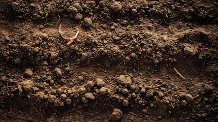 Fertile soil texture background seen from above, top view. Gardening or planting concept with copy space. Natural pattern