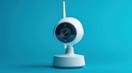 Fototapeta premium Close up of wireless CCTV surveillance camera in a house with blue background. Ai generated image