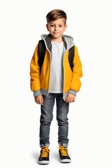 Fototapeta premium A cheerful little schoolboy stands confidently in casual attire in a studio setting ready for a day of learning
