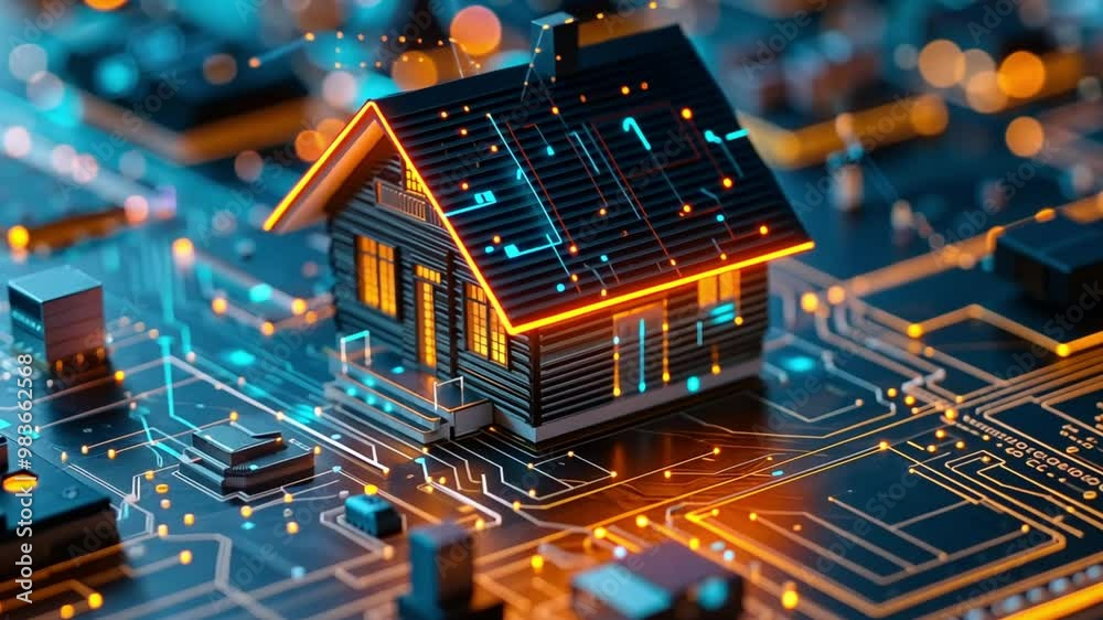 Leinwandbilder A digital representation of a house surrounded by a circuit board features glowing lines that symbolize advanced technology and smart home innovations.