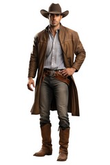 A cowboy stands tall in a stylish long leather coat, hat, and boots, showcasing a classic western look that embodies rugged charm and cowboy culture