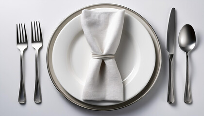clean white dinner plate with a folded napkin and silver cutlery, placed on a white background