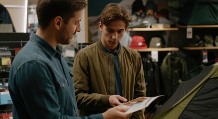 Two friends browse a camping brochure in a store.