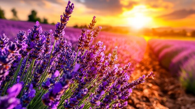 Sunlit lavender field with buzzing bees, fragrant bliss, purple symphony, sensory delight :: lavender harvesting, aromatherapy, peaceful stroll