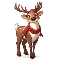 Cheerful Christmas reindeer dressed in a red scarf, ready to spread holiday joy against a white background