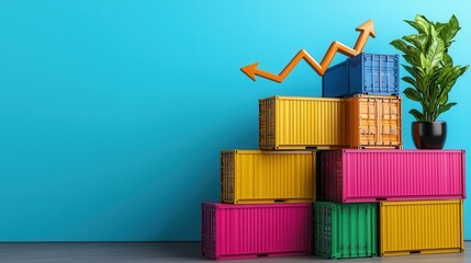 Smart Supply Chain Management Concept with Cargo Containers, Financial Growth Arrows, and Shipping Data - Business Success symbol. Copy Space Available.