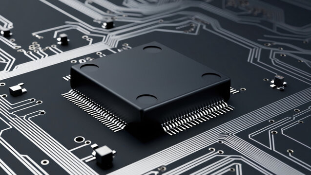CPU chip on Motherboard - abstract 3D render of a processor computer chip on a cicuit board with microchips