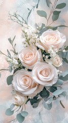 Obraz premium Beautiful arrangement of soft pink roses and delicate greenery, perfect for weddings or romantic occasions.