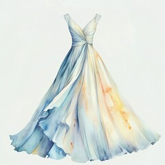 Obraz premium Elegant watercolor illustration of a flowing dress in soft blue and yellow hues, perfect for fashion and design inspiration.