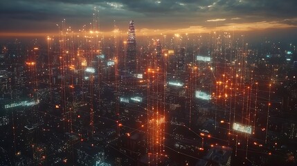 Obraz premium Smart city landscape with integrated communication and data links.