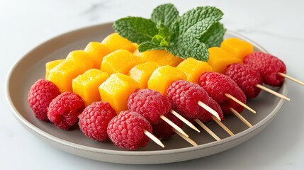 Vibrant Fruit Skewers with Mint Garnish on Plate