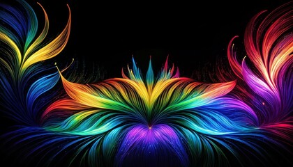Obraz premium Rainbow lights like neon on black background Minimalist floral pattern, Zen lines, abstract 
