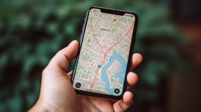 A person is holding a cell phone that has a map on it