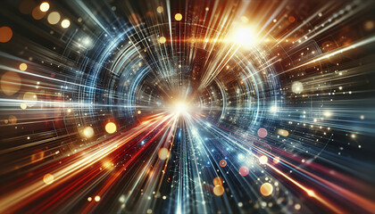 High-speed collision of particles, quantum physics concept.
