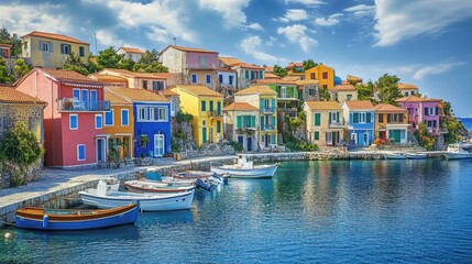 Obraz premium Vibrant, multicolored houses in a picturesque seaside village, with fishing boats anchored in the harbor.