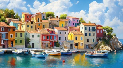 Obraz premium Vibrant, multicolored houses in a picturesque seaside village, with fishing boats anchored in the harbor.