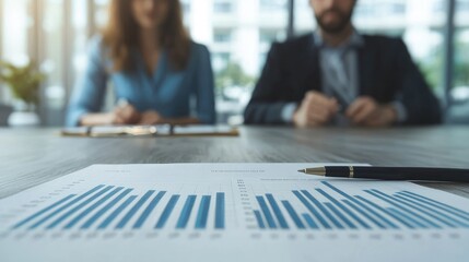 A man and a woman are sitting at a table with a pen and a piece of paper with graphs, professional business setting
