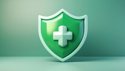 Obraz premium A 3D green shield with a white medical cross symbol, representing health, protection, and security.