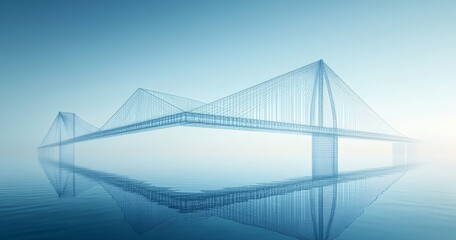 Obraz premium Futuristic Wireframe Bridge Over Calm Waters in Blue Serenity