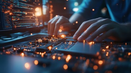 Closeup Hands Typing on Laptop with Circuit Board and Lights