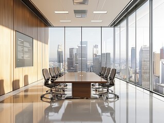Empty office conference room light modern board meeting office interior with large windows. - ai