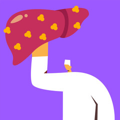 Doctor hold Liver full of fat. Fatty disease of the liver organ or Hepatosteatosis. Increased fat deposition in the liver. Warning about problematic organs. Flat vector illustration.
