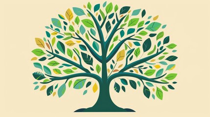 Fototapeta premium Colorful Tree Illustration with Green and Yellow Leaves