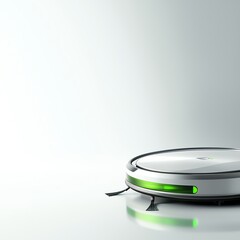 AIpowered robotic vacuum cleaner, ecosustainability, smart home technology, sleek silver and green, isolated on white background