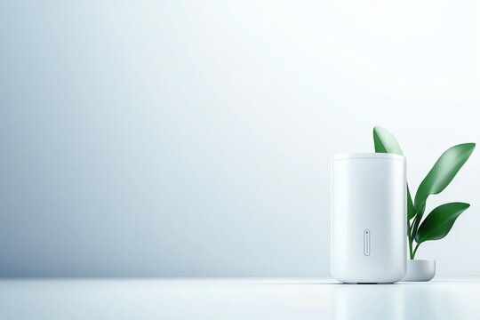 Minimalist white tech gadget with a green plant on a light background.