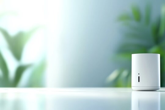 Smart home device on a white table with a plant in the background.